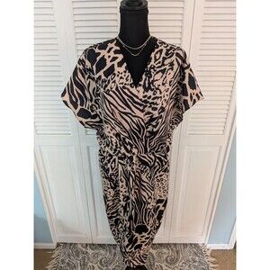 Lipsy London Dress Womens 14 Beige Black Cheetah Leopard Club Party Faux Wrap